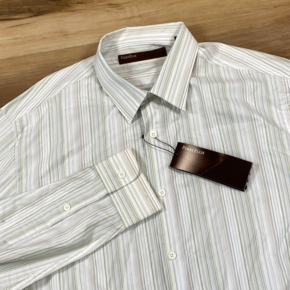 Perry Ellis Button Down Mens L Striped Cotton Shirt Classic White Green NWT